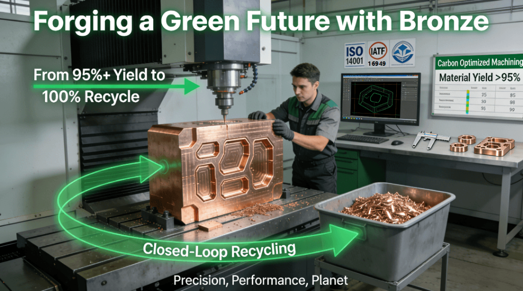  Inside a modern CNC workshop, an engineer operates a machine precision machining a large bronze billet with over 95% material utilization. A glowing green arrow illustrates the closed-loop path from the machining process to a collection bin of clean bronze chips for recycling, embodying sustainable manufacturing.
