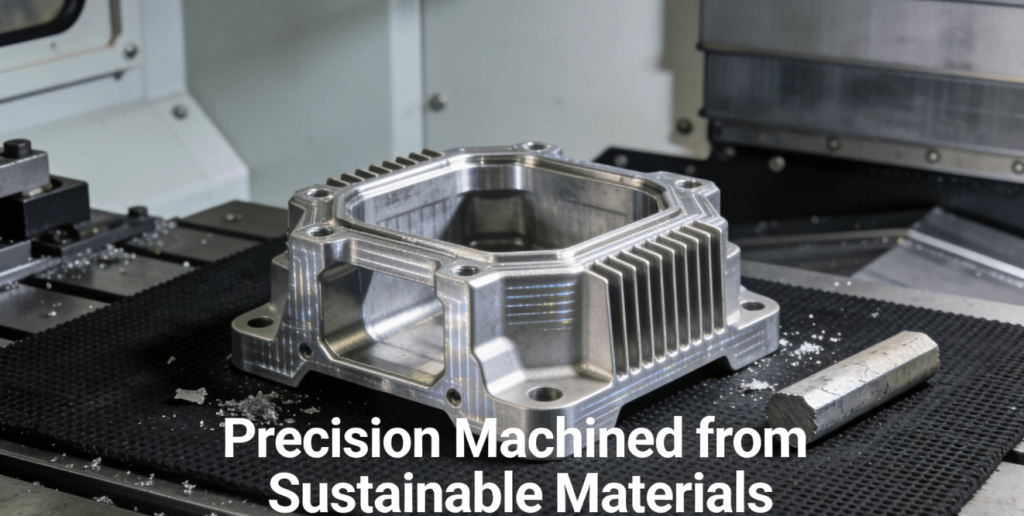 :A close-up, detailed view of a complex aluminum part with heat sinks, precision machined from sustainable recycled material, placed on an ESD mat next to machining swarf in a professional workshop, showcasing high-quality CNC machining services.